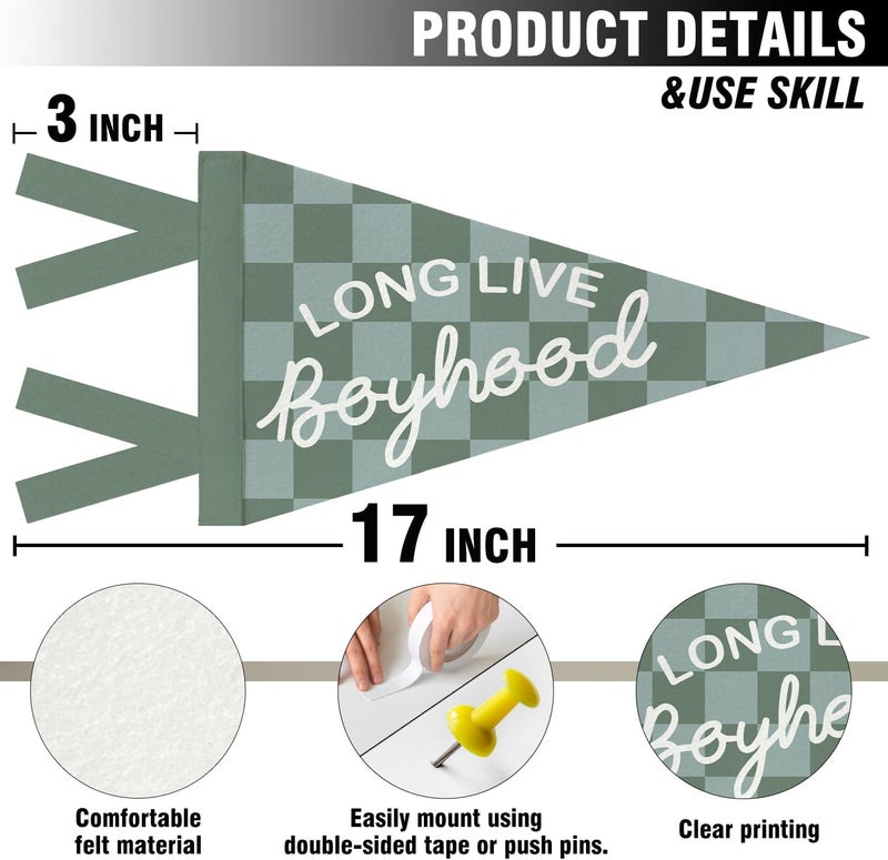 JXREQ Long Live Boyhood Pennants Banners Flags for Kids Boys Room Decor, Retro Green and Grey Checkered Canvas Wall Art Decor for Kids Toddler Room Nursery Playroom, 8x17 Inch - Image 2